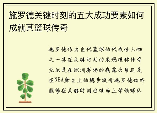 施罗德关键时刻的五大成功要素如何成就其篮球传奇