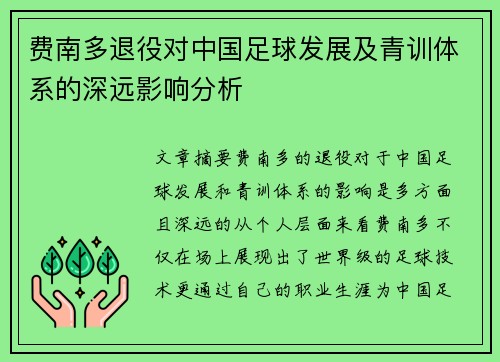 费南多退役对中国足球发展及青训体系的深远影响分析