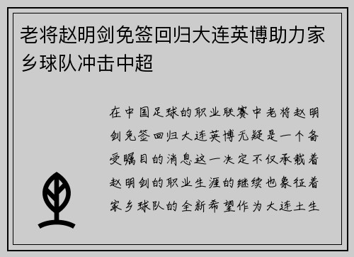 老将赵明剑免签回归大连英博助力家乡球队冲击中超